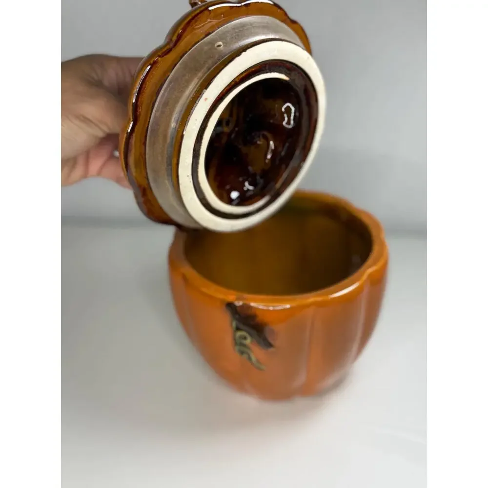 Vintage Ceramic Pumpkin Lidded Jar, Ribbed Stoneware Canister, Fall Decor